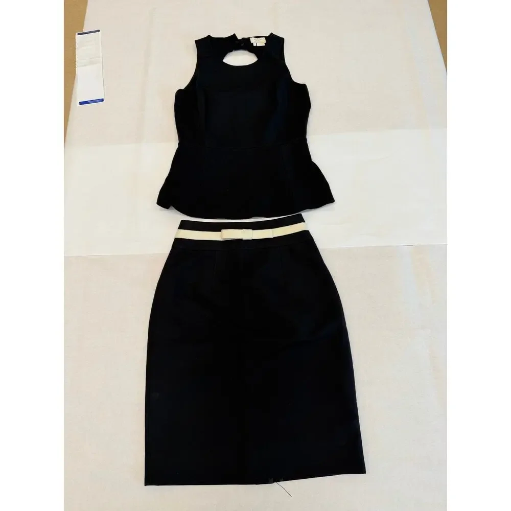 Kate Spade 2 Pc Set Peplum Bow Back Top Ivory Trim Pencil Skirt Size 2 Black